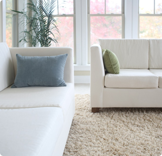 Organic upholstered sofa styled in a naturally lit living room