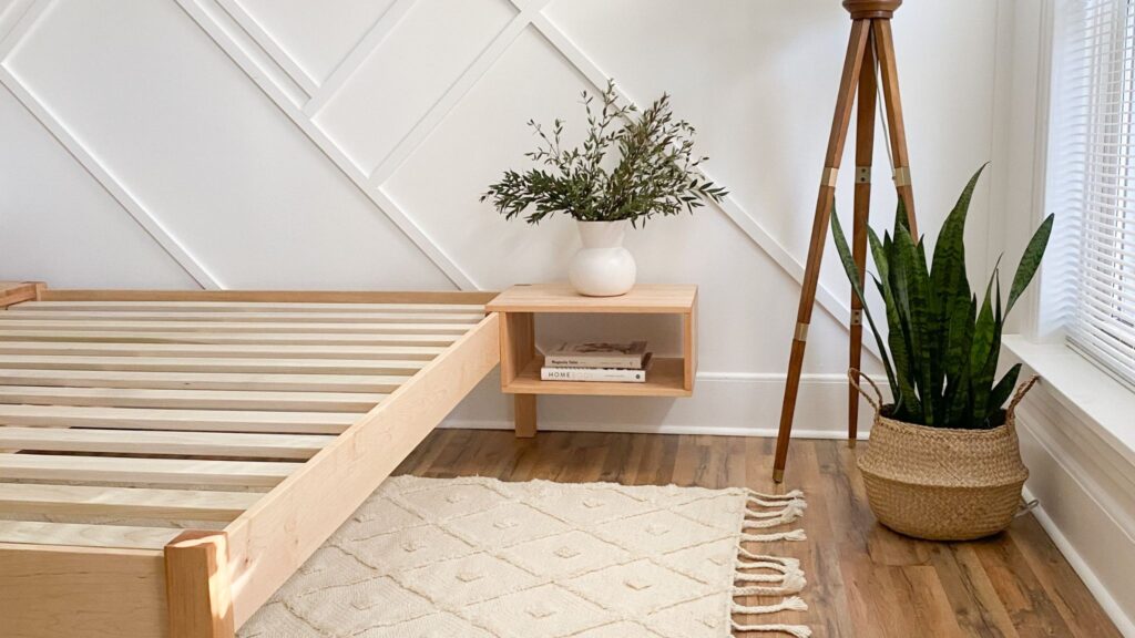 Floating bedside table on the Afton platform bed.